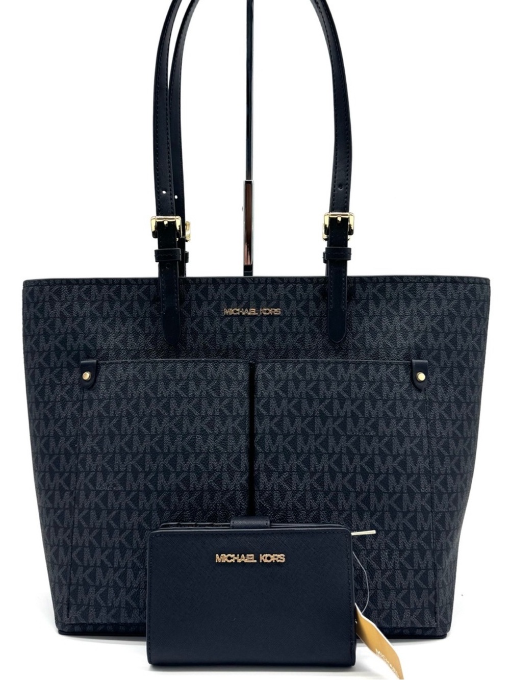 Michael Kors Jet Set Medium Pocket Tote Bag & Matching Bifold Wallet Black